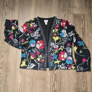CHICO'S Jacket Womens 1 S/M Black Floral Embroidered Beaded Blazer Artsy Boho